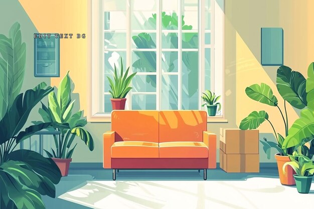 sunlit room with orange couch potted plants and cardboard boxes near window