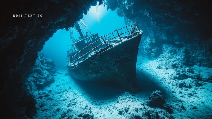 PSD sunlit shipwreck resting on seabed in underwater cave
