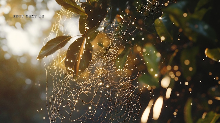 PSD sunlit spiderweb glistening with dew drops on leaves