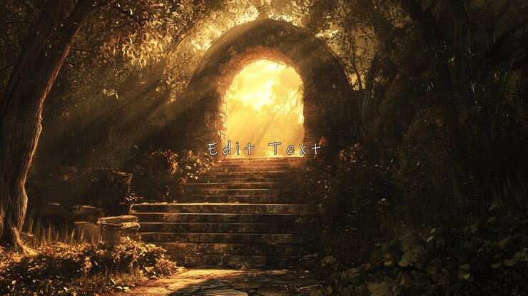 PSD sunlit stone archway steps leading to light in a mystical forest