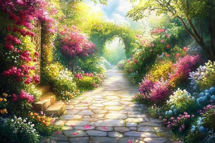 PSD sunlit stone path through a vibrant floral garden archway
