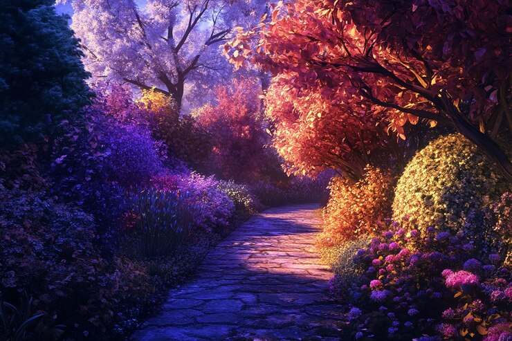 PSD sunlit stone path winds through vibrant colorful autumn garden