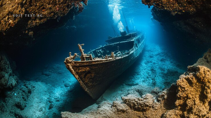 PSD sunlit underwater shipwreck resting on seabed in cave