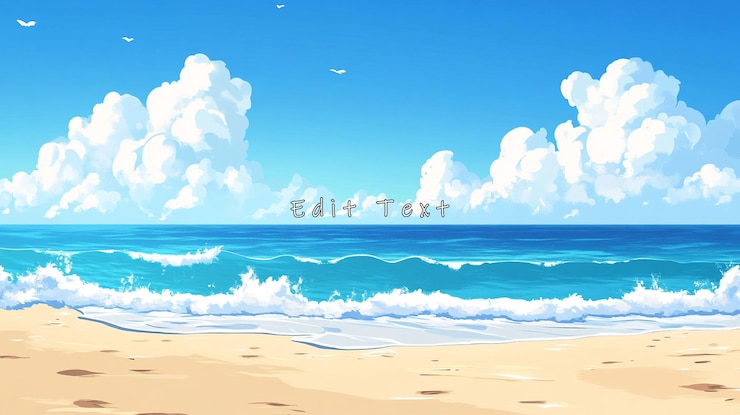 PSD 海の波とふわふわした雲が映る晴れたビーチシーン