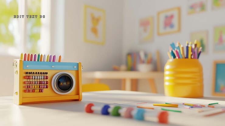 PSD sunny classroom with crayons pencils and art supplies on a white table