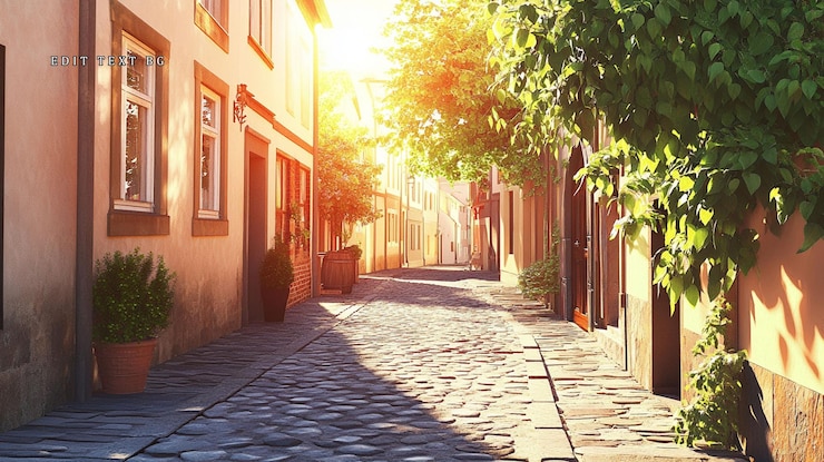 PSD sunny cobblestone street with old buildings and lush greenery