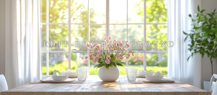 PSD sunny dining room with pink flowers