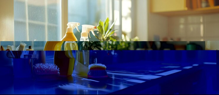 PSD sunny kitchen counter with cleaning supplies