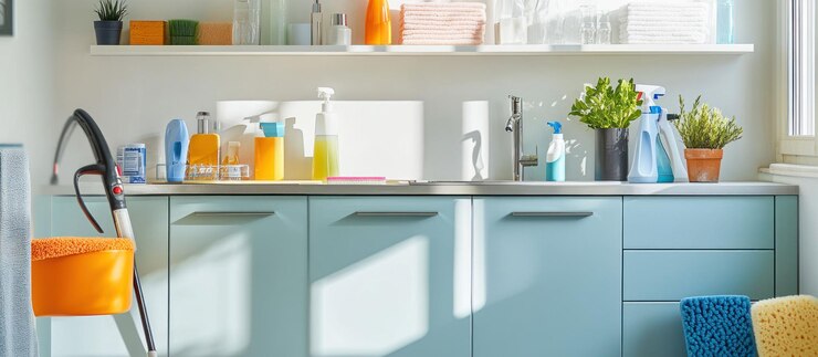 PSD sunny kitchen with cleaning supplies and equipment