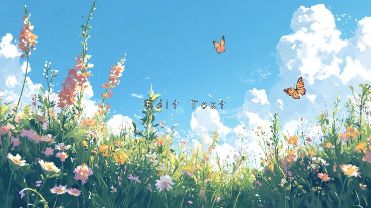 PSD 野生の花や蝶がく晴れた草原