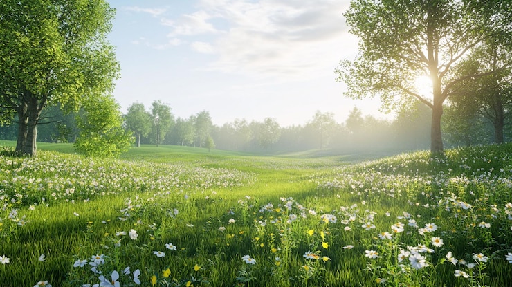PSD sunny meadow with wildflowers trees and morning mist