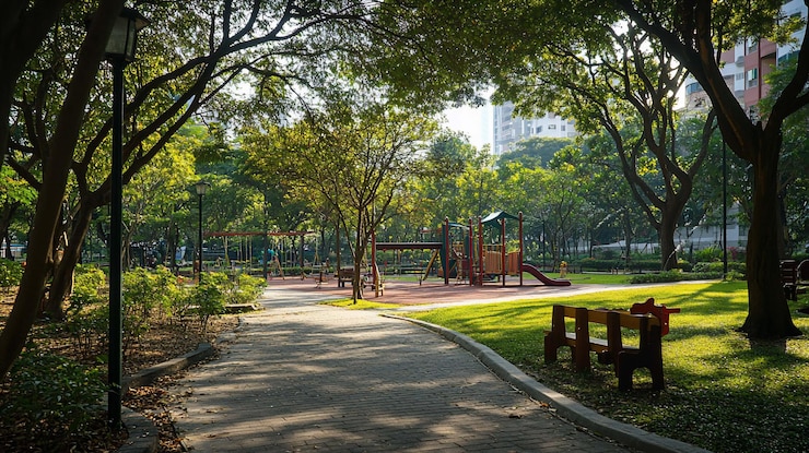 PSD 陽光明<unk>的公園小徑穿過茂盛的綠地, 有一個兒童遊樂場. 太陽光透過樹木過濾, 在鋪設的行道上投射斑點的影子.
