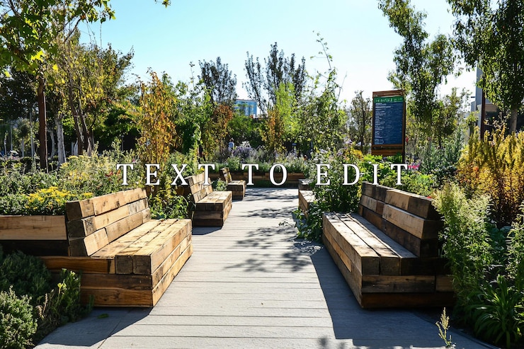 PSD sunny park with rustic wooden benches flowerbeds and paved pathway