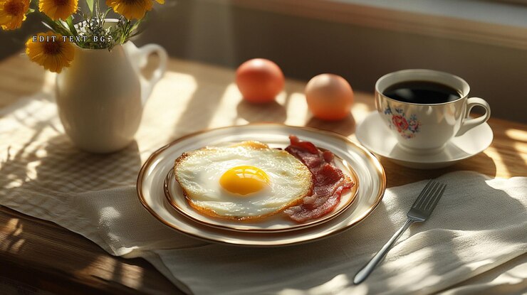 PSD サニーサイドアップ 卵と脆いベーコンの朝食とコーヒー