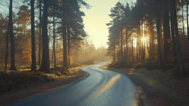 PSD sunrise road through autumn forest