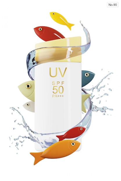 PSD sunscreen product with fish and water splash on white