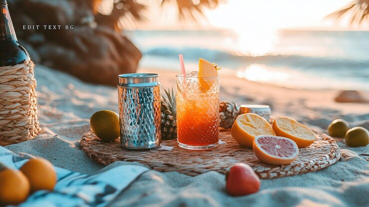 Sunset beach cocktail scene with tropical fruits and shaker