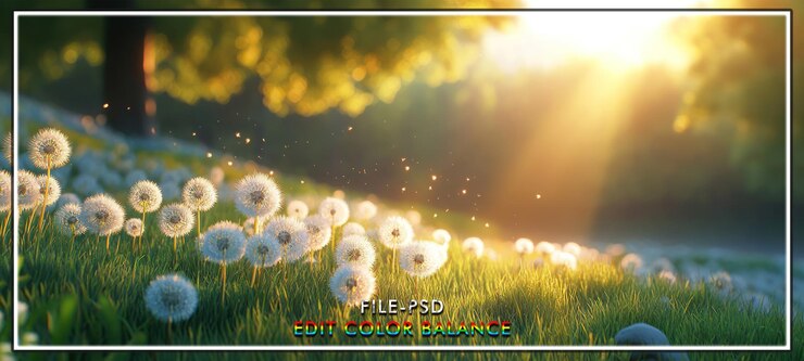 PSD sunset dandelions meadow
