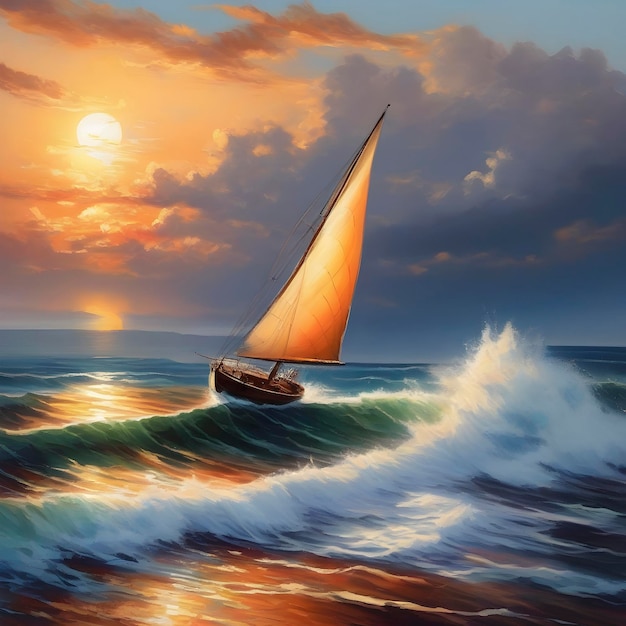 PSD a sunset over the ocean with waves clouds and a sailboat aigenerated