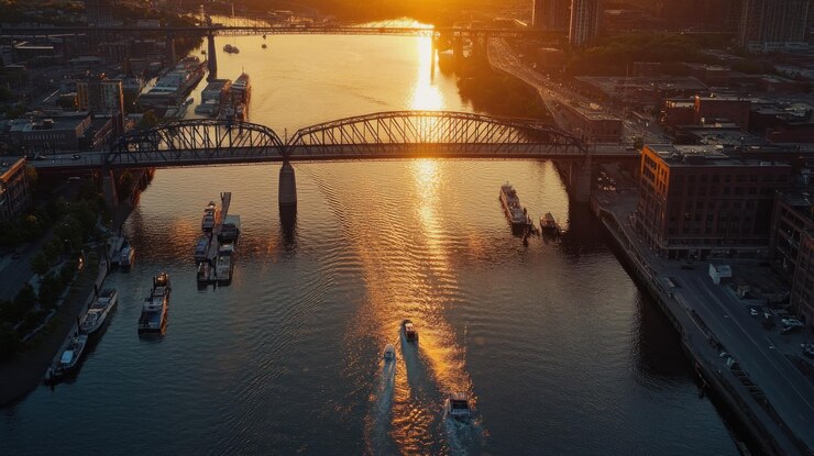 PSD 日落在河上,船隻和橋