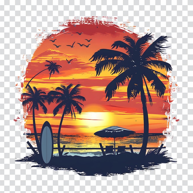 PSD sunset with a palm tree and a beach scene tshirt logo