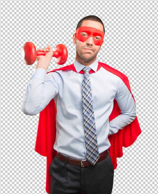 PSD super businessman holding a dumbbell