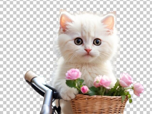 PSD 꽃 바구니와 함께 자전거를 타는 슈퍼 사랑스러운 털 고양이