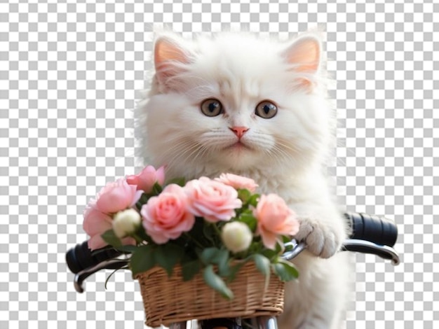 PSD 猫のスーパー可愛いふわふわの自転車に花のバスケット