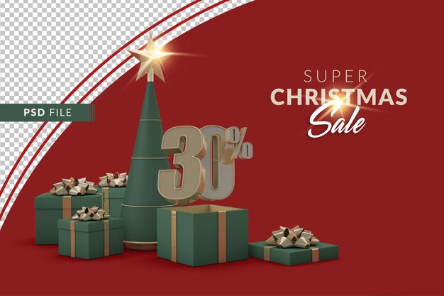 PSD super christmas sale 30 percent with christmas tree and gift box