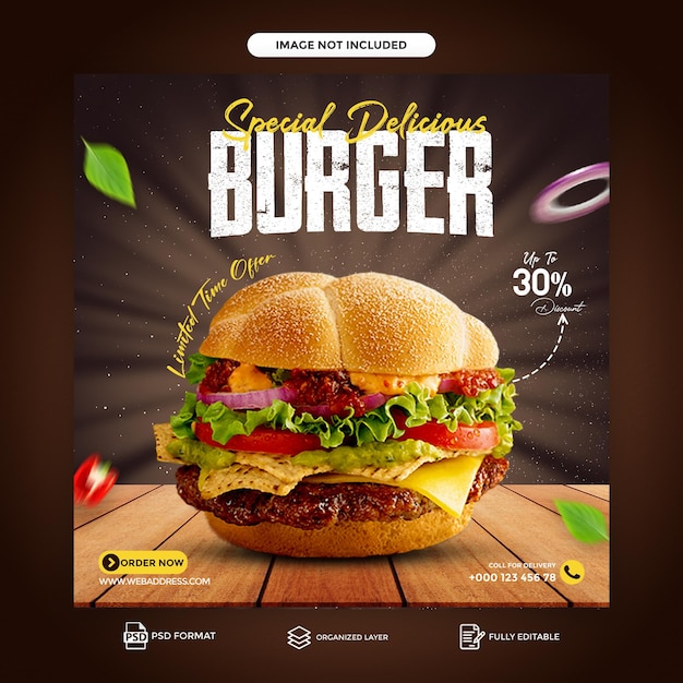 Super Delicious burger i menu promocji w mediach społecznościowych oraz szablon postu na instagramie