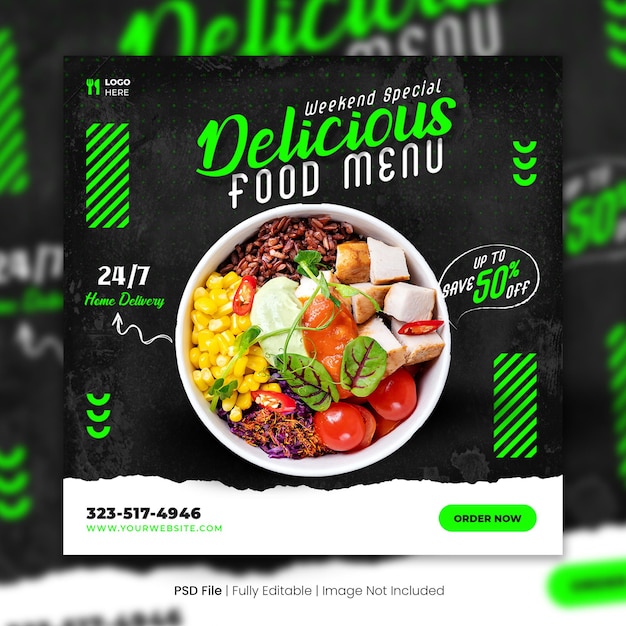 Супер вкусный бургер шаблон поста в instagram Premium Psd