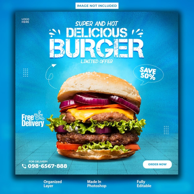 Post promozionale per hamburger super delizioso