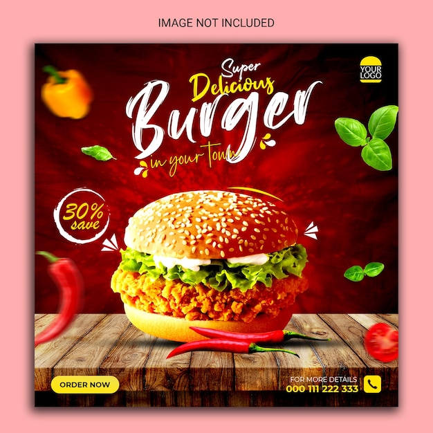 슈퍼 맛있는 버거 소셜 미디어 배너 디자인.