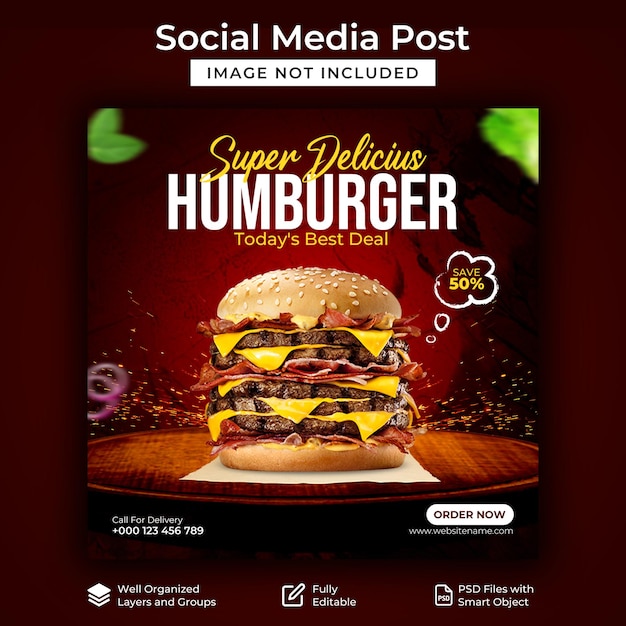 Пост в социальных сетях super delicious burger и шаблон поста в instagram