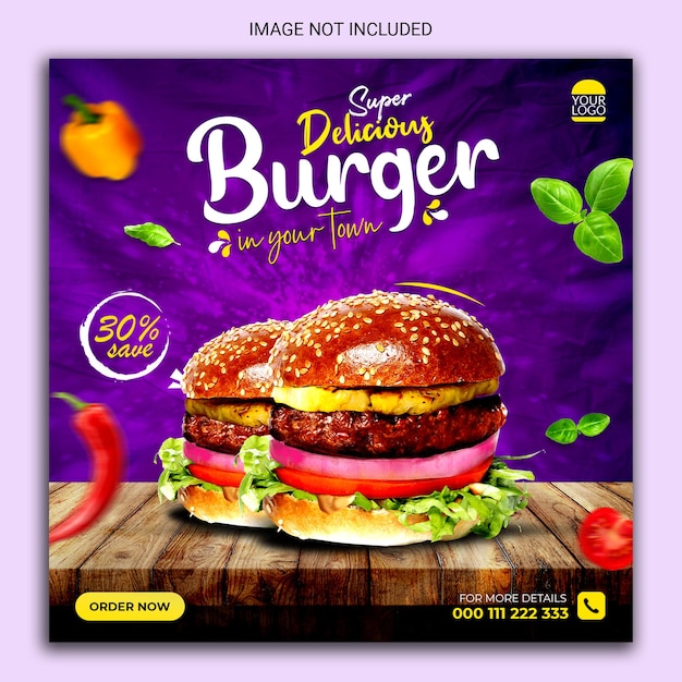 Super delicious burger social media post banner template.