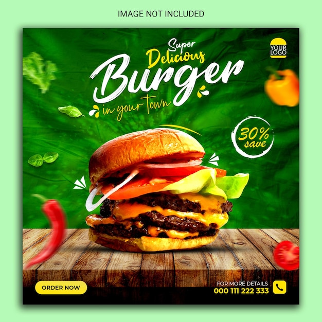 Design del modello di post sui social media di hamburger super delizioso.