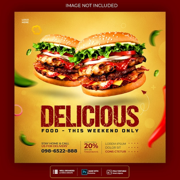 Super delicious food burger instagram post design template