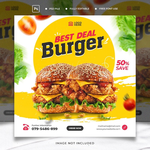 Super delicious food burger instagram post design template