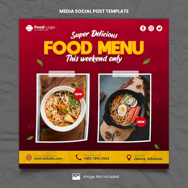 Super delicious food menu en restaurant media social post-sjabloon