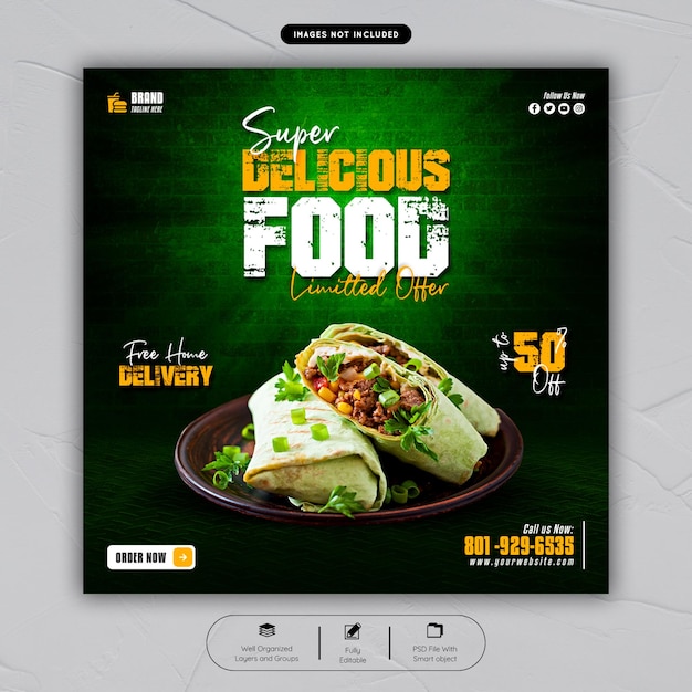 Super delicious food menu social media banner post template