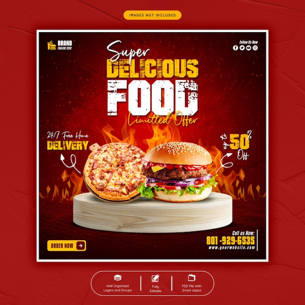Super delicious food menu social media banner post template