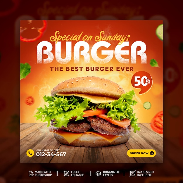 Super Delicious hamburger fastfood Instagram post advertentie ontwerpsjabloon psd