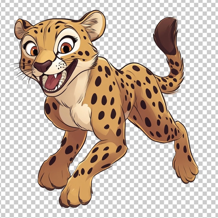 PSD a super fast moving cheetah cartoon like happy on transparent background