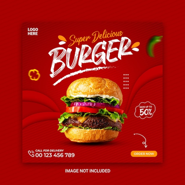 Super heerlijke hamburger en eten menu social media bannersjabloon