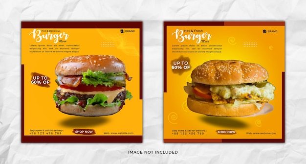 Super heerlijke hamburger en eten menu social media post ontwerpsjabloon premium psd