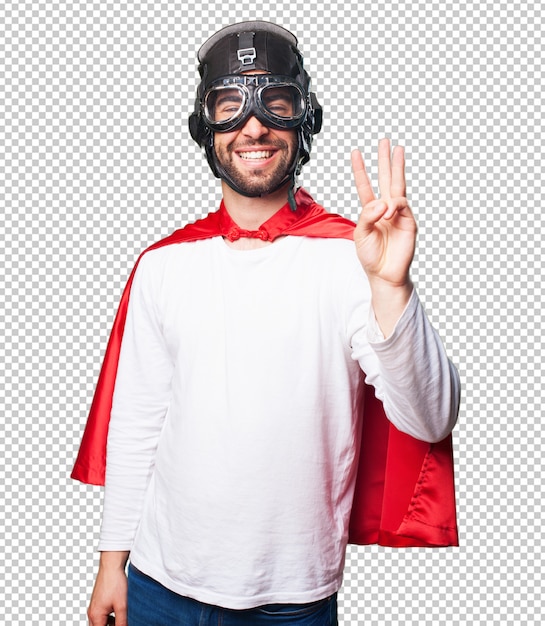 Super hero doing number three gesture