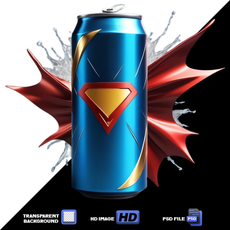 PSD super hero theme soda can png on isolated background