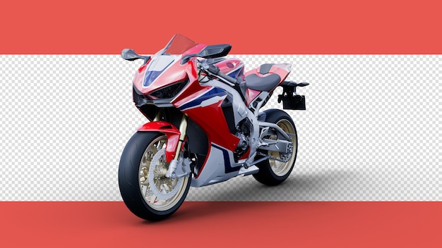 PSD super powerful motorcycle in 3d rendering with projected shadow in red color viewed from the side