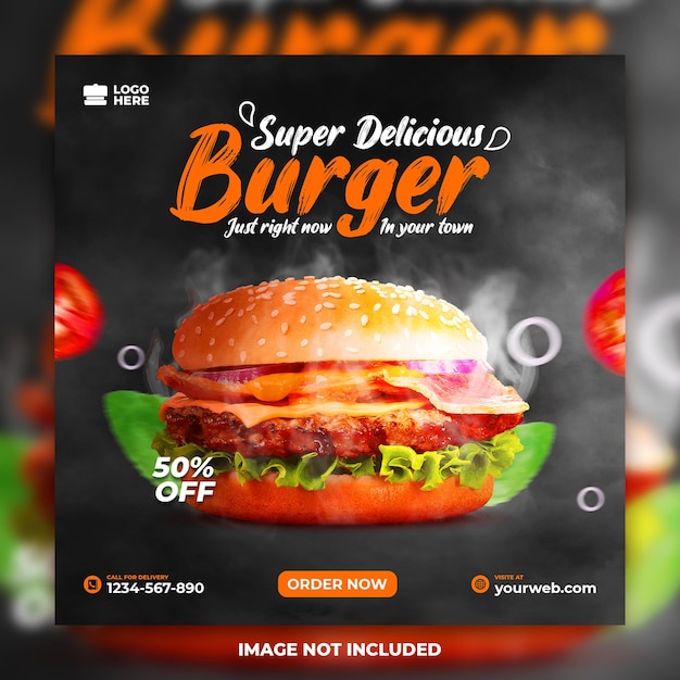 PSD super pyszne jedzenie burger w mediach społecznościowych post szablon projektu na instagramie psd