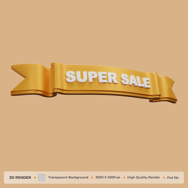 PSD super sale promotion with gold ribbon 3d render illustration